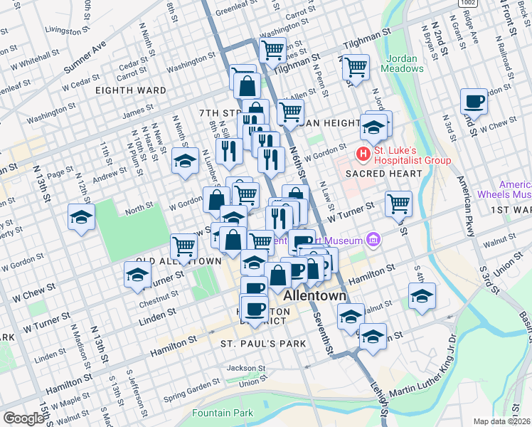 map of restaurants, bars, coffee shops, grocery stores, and more near 304 North 7th Street in Allentown