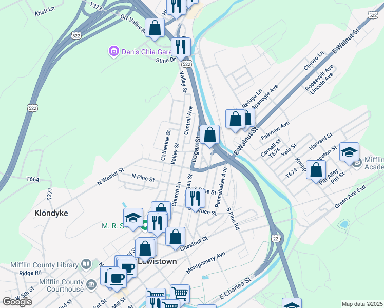 map of restaurants, bars, coffee shops, grocery stores, and more near 333 Logan Street in Lewistown