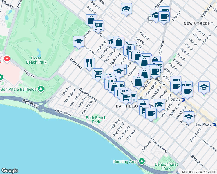 map of restaurants, bars, coffee shops, grocery stores, and more near 162 Bay 13th Street in Brooklyn