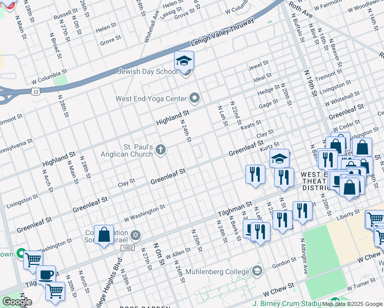 map of restaurants, bars, coffee shops, grocery stores, and more near 937 North 24th Street in Allentown