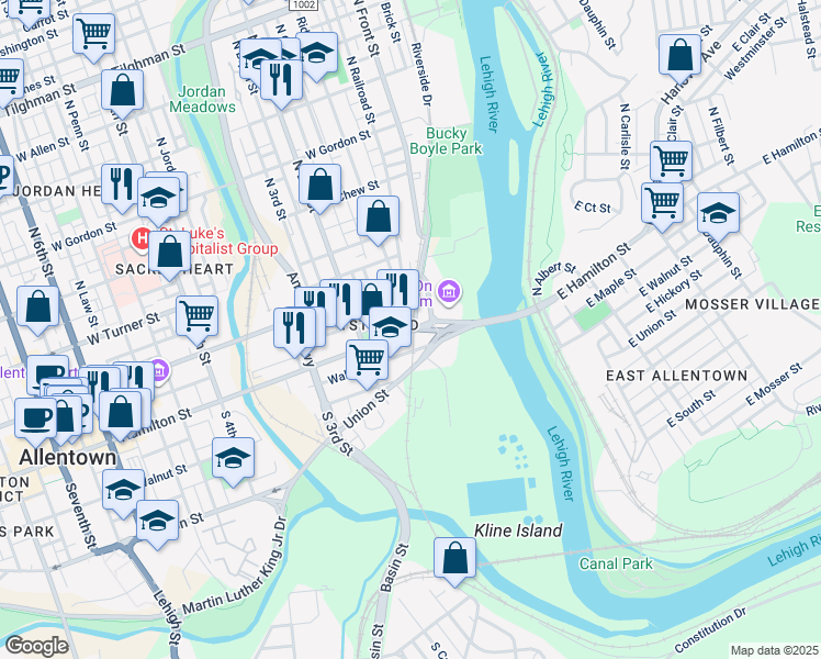 map of restaurants, bars, coffee shops, grocery stores, and more near 1 North Railroad Street in Allentown