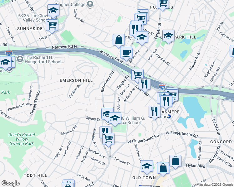 map of restaurants, bars, coffee shops, grocery stores, and more near Baltic Avenue in Staten Island