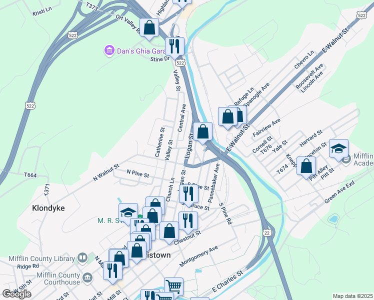 map of restaurants, bars, coffee shops, grocery stores, and more near 333 Logan Street in Lewistown