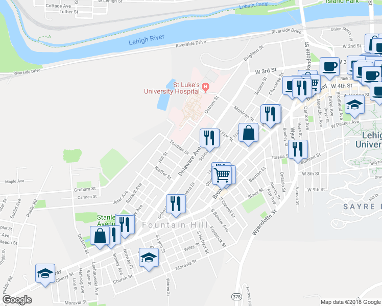 map of restaurants, bars, coffee shops, grocery stores, and more near 925 Delaware Avenue in Fountain Hill