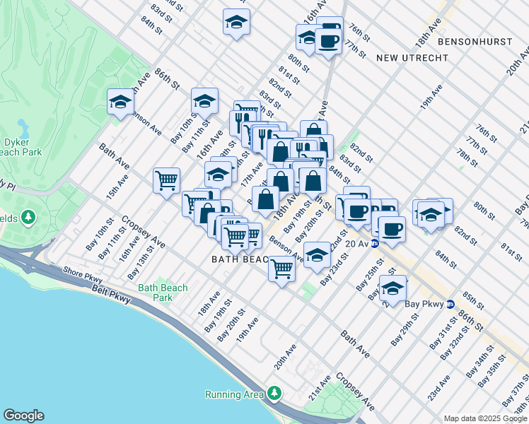 map of restaurants, bars, coffee shops, grocery stores, and more near 1731 Benson Avenue in Brooklyn