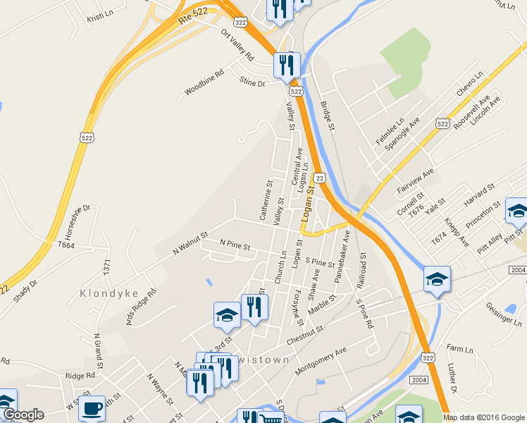 map of restaurants, bars, coffee shops, grocery stores, and more near 20 Catherine Street in Lewistown