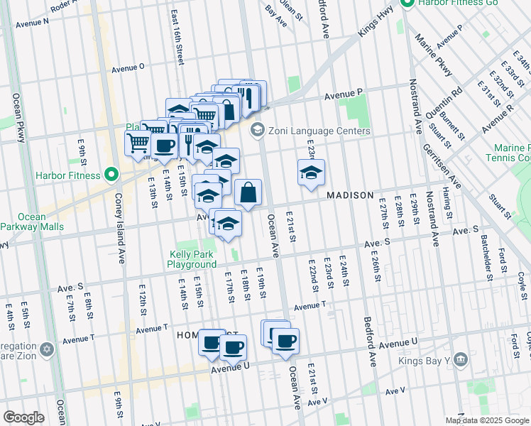 map of restaurants, bars, coffee shops, grocery stores, and more near 2270 Ocean Avenue in Brooklyn