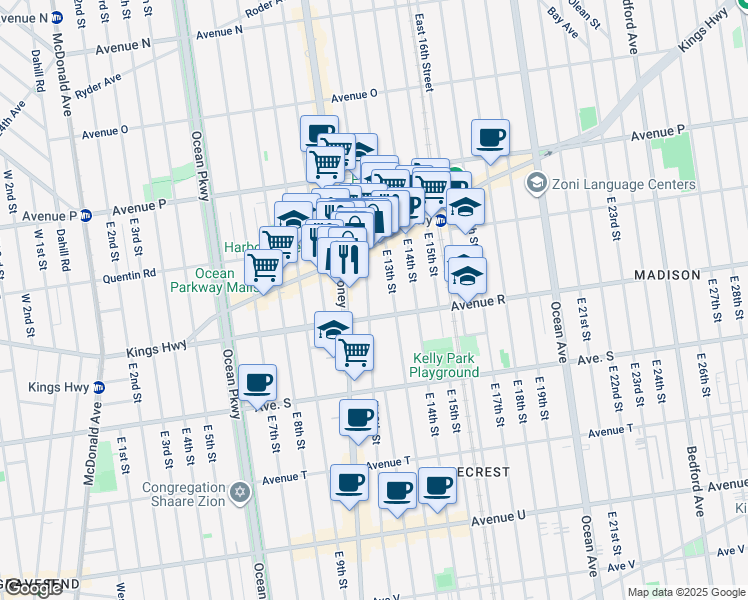 map of restaurants, bars, coffee shops, grocery stores, and more near 1773 East 12th Street in Brooklyn