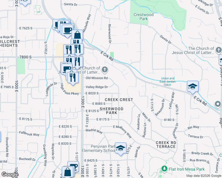 map of restaurants, bars, coffee shops, grocery stores, and more near 1473 Valley Ridge Drive in Sandy