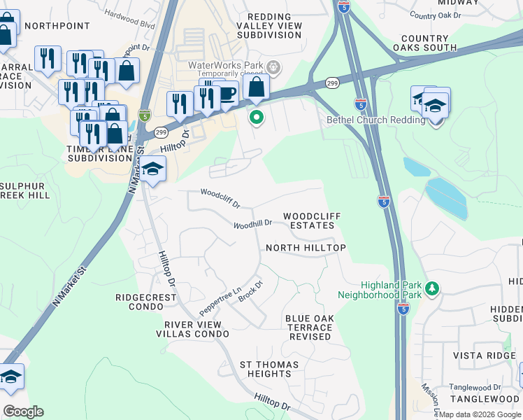 map of restaurants, bars, coffee shops, grocery stores, and more near 361 Woodcliff Drive in Redding