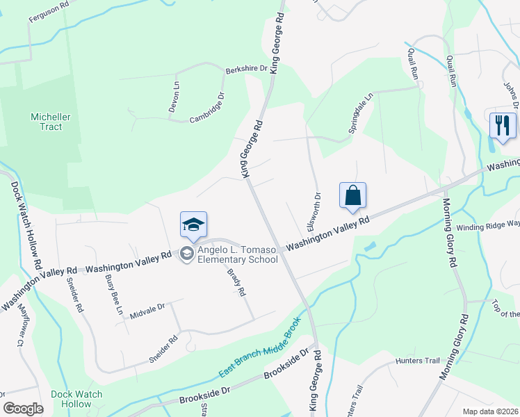 map of restaurants, bars, coffee shops, grocery stores, and more near 68 King George Road in Warren