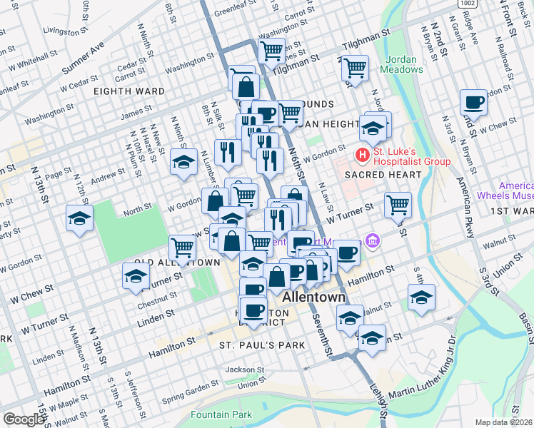 map of restaurants, bars, coffee shops, grocery stores, and more near 304 North 7th Street in Allentown