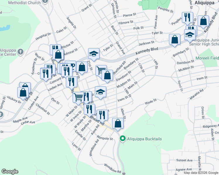map of restaurants, bars, coffee shops, grocery stores, and more near 2003 Davidson Street in Aliquippa