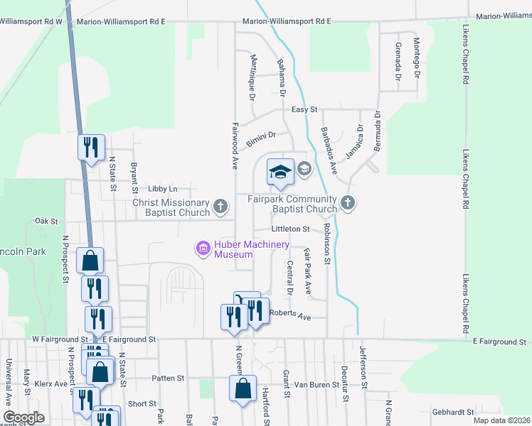 map of restaurants, bars, coffee shops, grocery stores, and more near 1049 Robinson Street in Marion