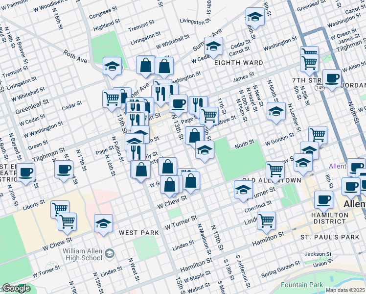 map of restaurants, bars, coffee shops, grocery stores, and more near 520 North 13th Street in Allentown