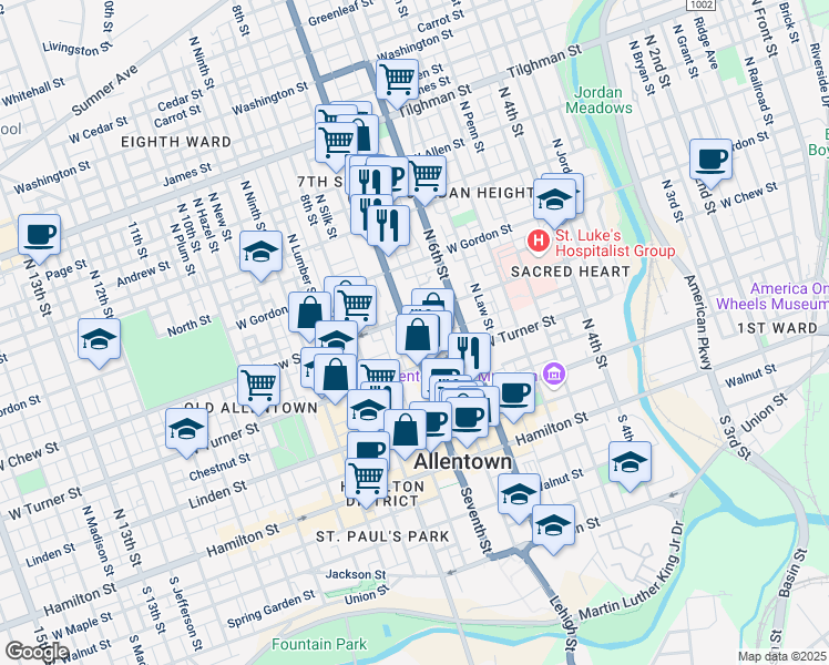 map of restaurants, bars, coffee shops, grocery stores, and more near 235 North 7th Street in Allentown