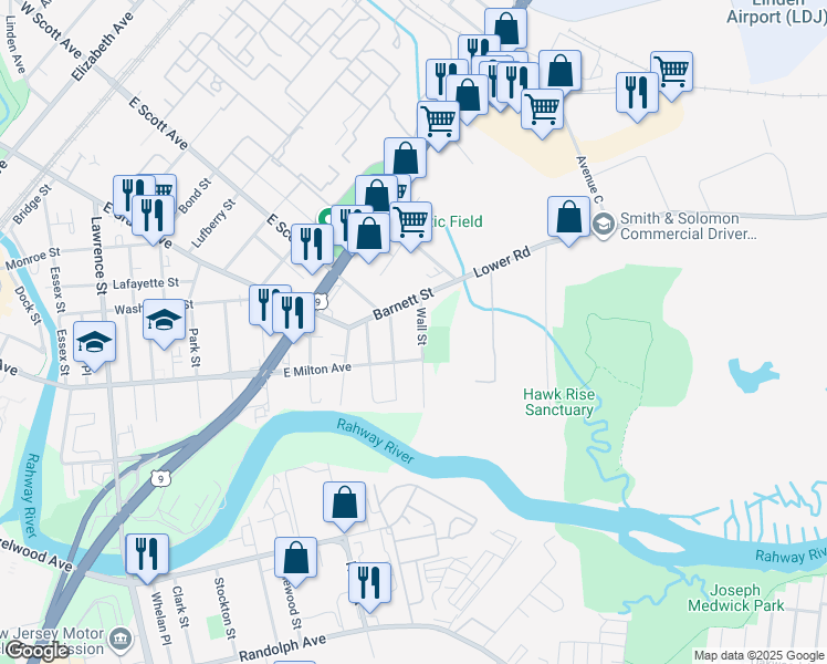 map of restaurants, bars, coffee shops, grocery stores, and more near 2080 Wall Street in Rahway