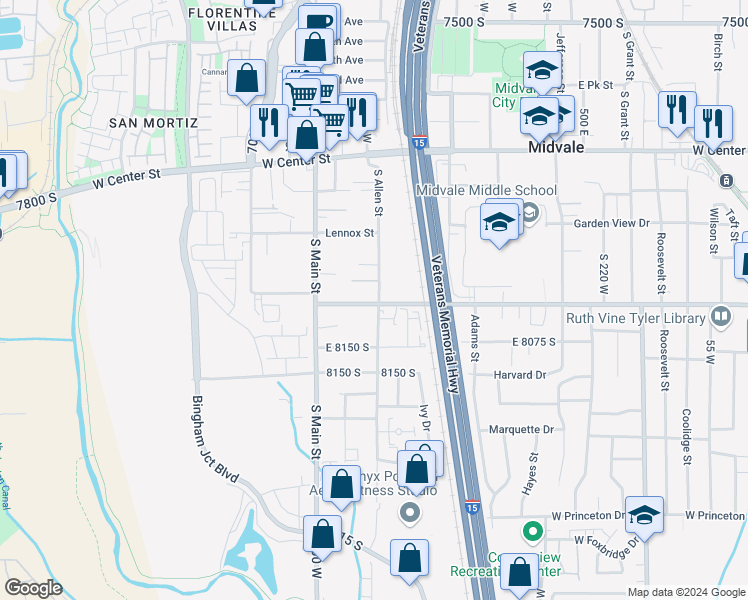 map of restaurants, bars, coffee shops, grocery stores, and more near 7994 Allen Street in Midvale