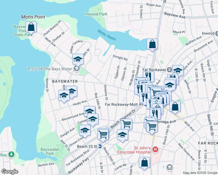 map of restaurants, bars, coffee shops, grocery stores, and more near 23-60 Mott Avenue in Queens