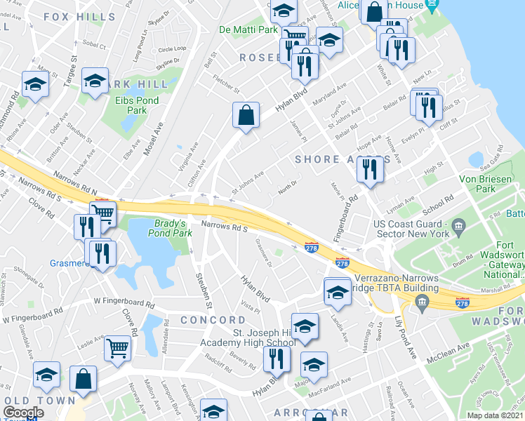 map of restaurants, bars, coffee shops, grocery stores, and more near Narrows Rd N & North Dr in Staten Island
