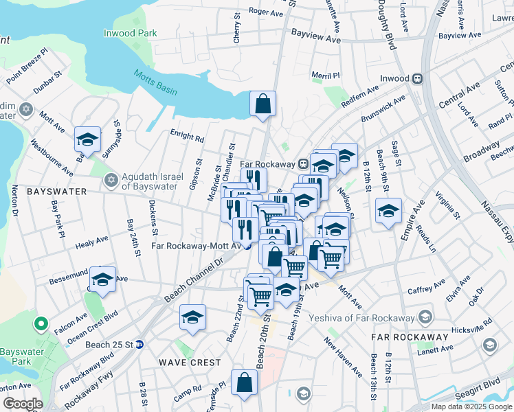 map of restaurants, bars, coffee shops, grocery stores, and more near 21-11 Dix Avenue in Queens