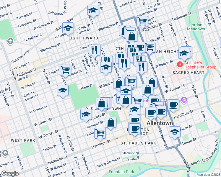map of restaurants, bars, coffee shops, grocery stores, and more near 916 West Gordon Street in Allentown