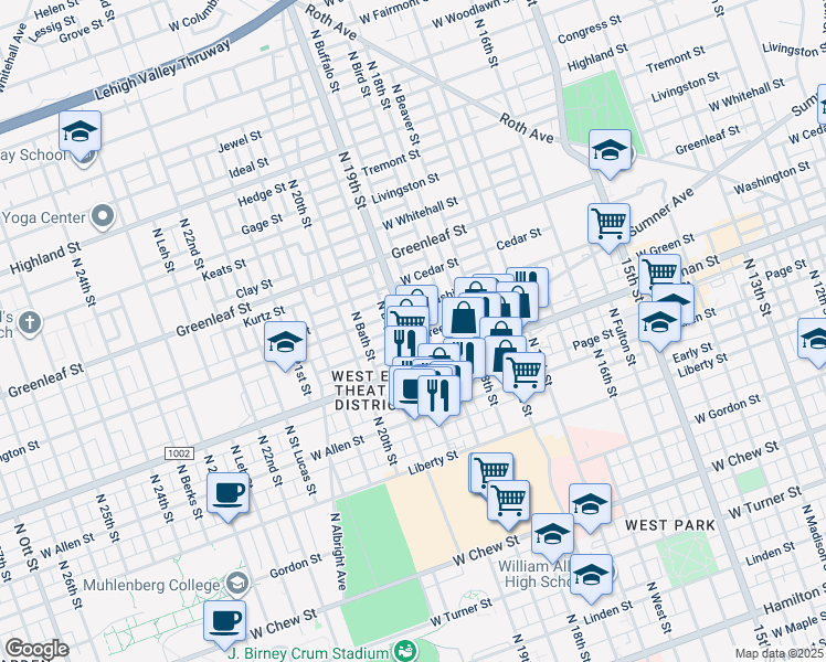 map of restaurants, bars, coffee shops, grocery stores, and more near 1838 West Washington Street in Allentown
