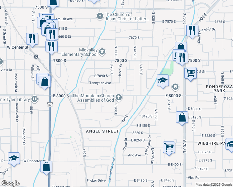 map of restaurants, bars, coffee shops, grocery stores, and more near 291 East 8000 South in Sandy