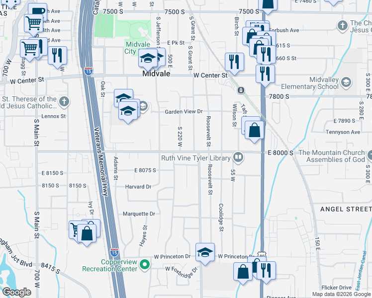 map of restaurants, bars, coffee shops, grocery stores, and more near 7976 South 175 West in Midvale