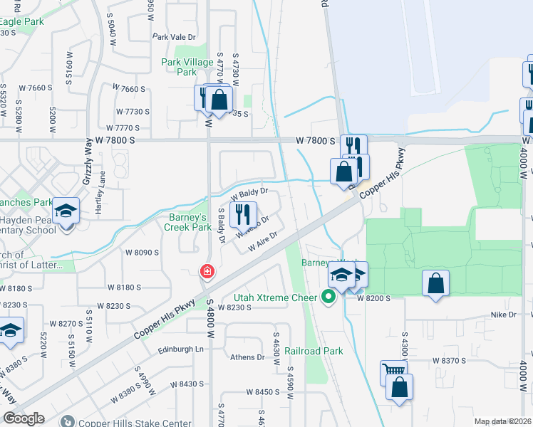 map of restaurants, bars, coffee shops, grocery stores, and more near 7981 Emmons Drive in West Jordan