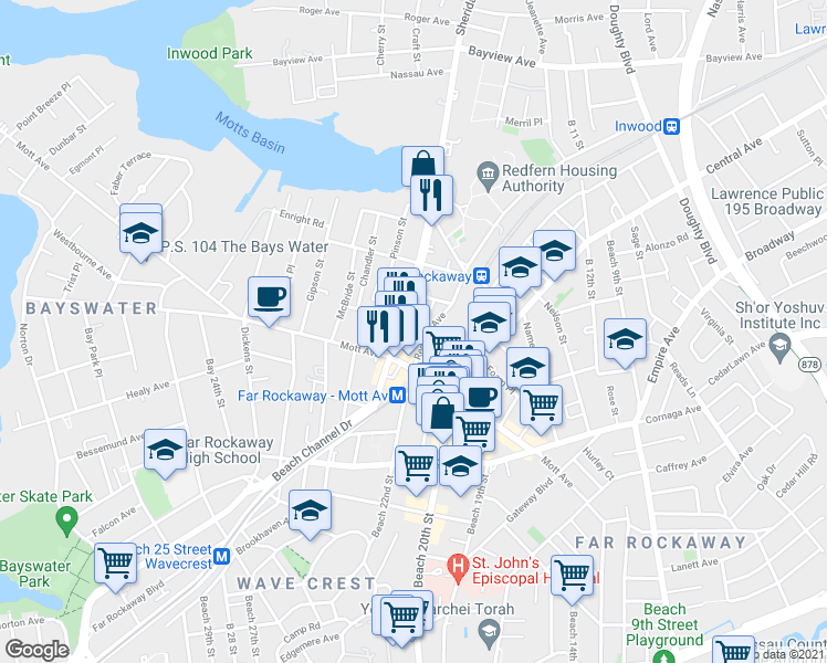 map of restaurants, bars, coffee shops, grocery stores, and more near 13-41 Beach Channel Drive in Queens