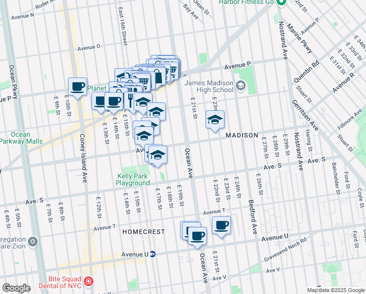 map of restaurants, bars, coffee shops, grocery stores, and more near 2258 Ocean Avenue in Brooklyn