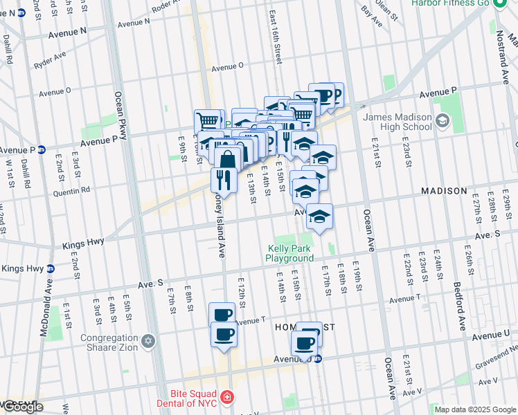 map of restaurants, bars, coffee shops, grocery stores, and more near 1770 East 14th Street in Brooklyn