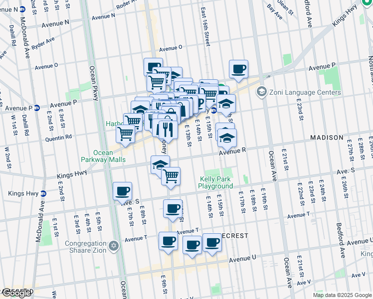 map of restaurants, bars, coffee shops, grocery stores, and more near 1761 East 12th Street in Brooklyn