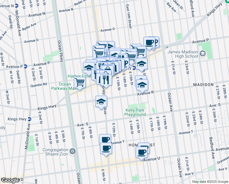 map of restaurants, bars, coffee shops, grocery stores, and more near 1761 East 12th Street in Brooklyn