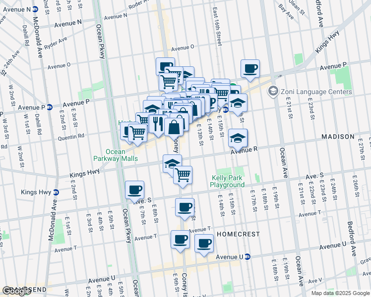 map of restaurants, bars, coffee shops, grocery stores, and more near 1761 East 12th Street in Brooklyn