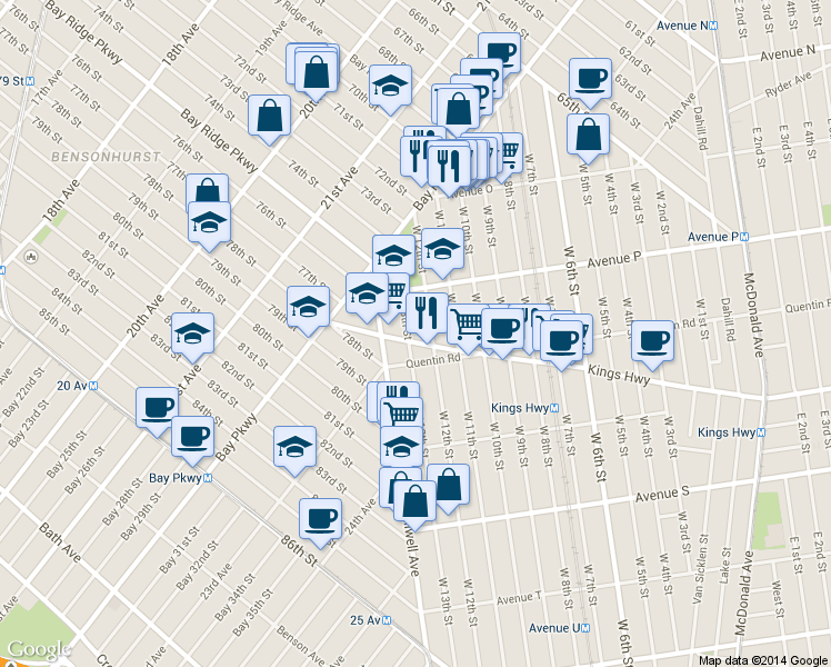 map of restaurants, bars, coffee shops, grocery stores, and more near 1631 West 13th Street in Brooklyn