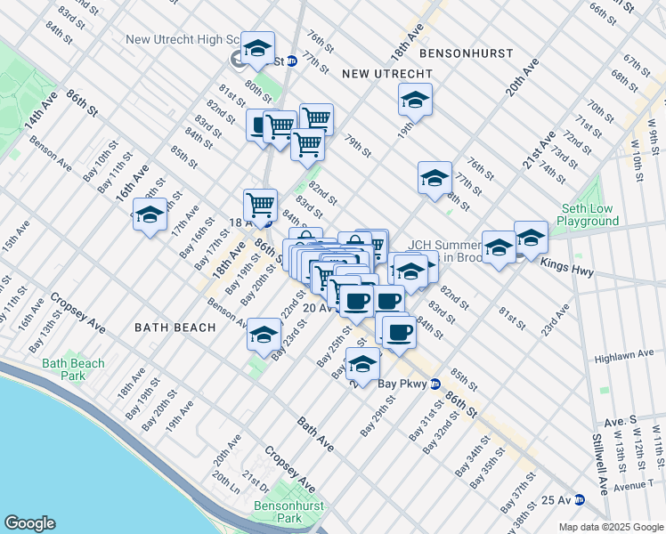 map of restaurants, bars, coffee shops, grocery stores, and more near 1949 84th Street in Brooklyn