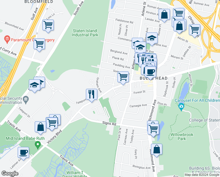 map of restaurants, bars, coffee shops, grocery stores, and more near 46 Nostrand Avenue in Staten Island