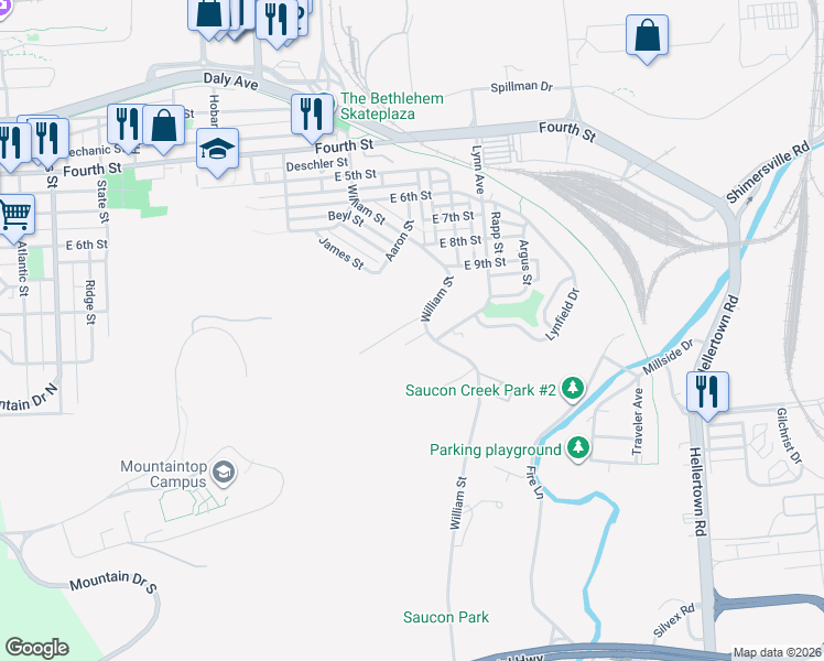 map of restaurants, bars, coffee shops, grocery stores, and more near 862 William Street in Bethlehem