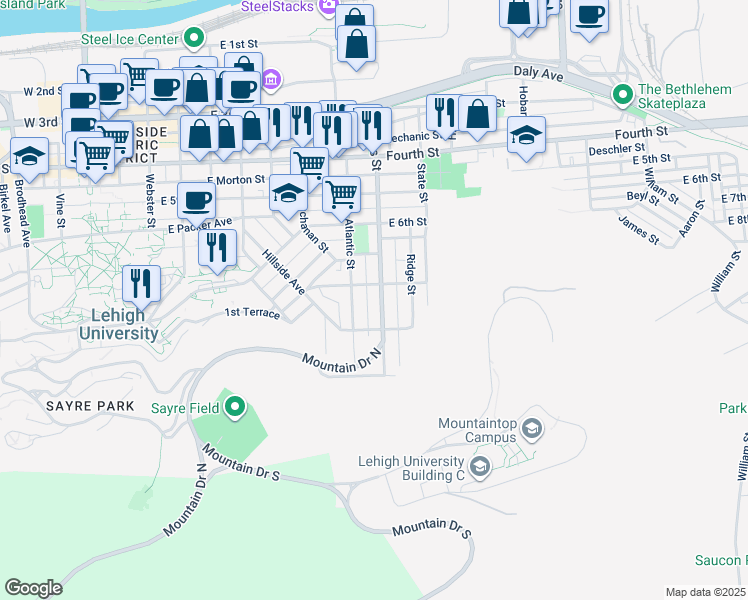 map of restaurants, bars, coffee shops, grocery stores, and more near 702 Hayes Street in Bethlehem