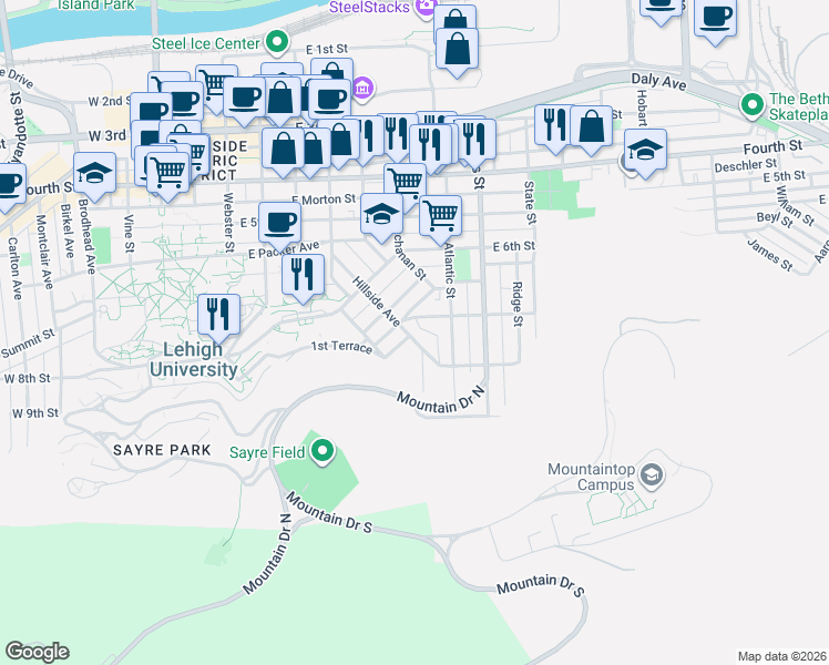 map of restaurants, bars, coffee shops, grocery stores, and more near in Bethlehem