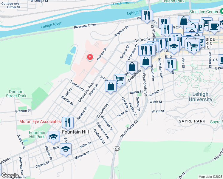 map of restaurants, bars, coffee shops, grocery stores, and more near 532 Fiot Street in Fountain Hill