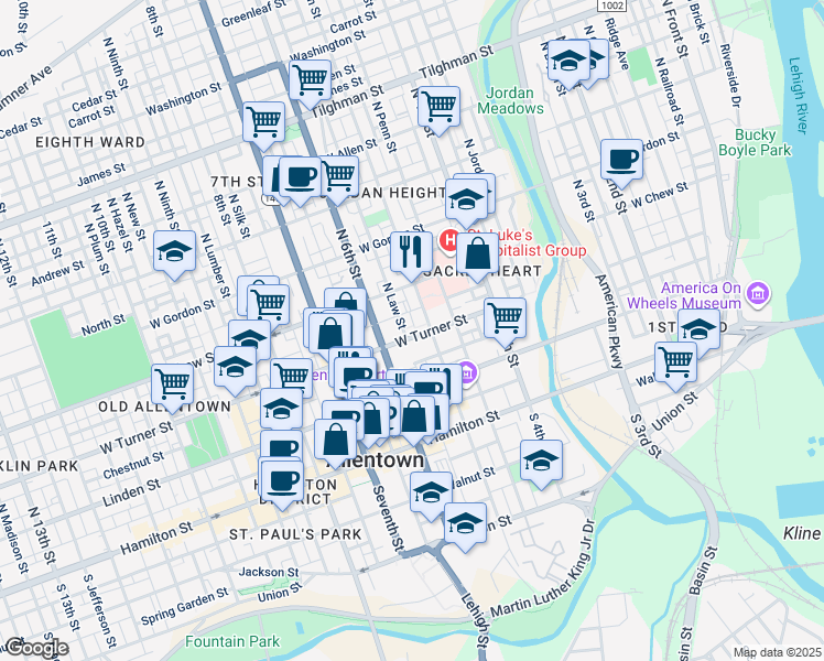 map of restaurants, bars, coffee shops, grocery stores, and more near 212 North 5th Street in Allentown
