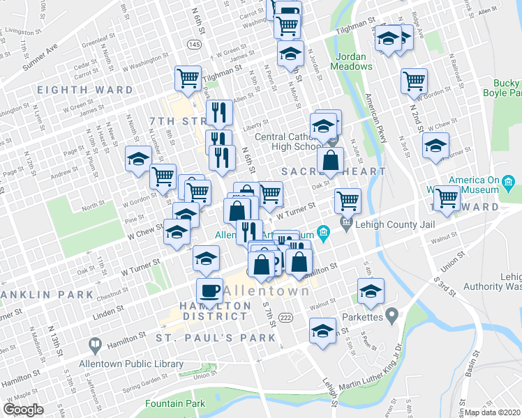 map of restaurants, bars, coffee shops, grocery stores, and more near 533 Oak Street in Allentown