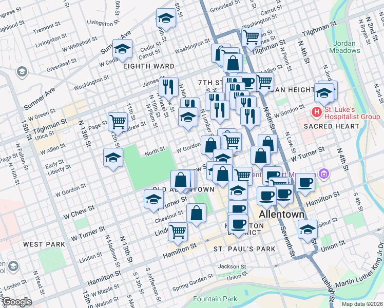 map of restaurants, bars, coffee shops, grocery stores, and more near 916 West Gordon Street in Allentown