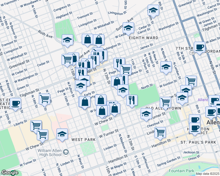 map of restaurants, bars, coffee shops, grocery stores, and more near 520 North 13th Street in Allentown