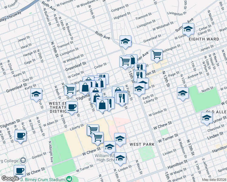 map of restaurants, bars, coffee shops, grocery stores, and more near 646 North 16th Street in Allentown