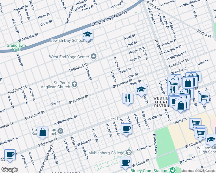 map of restaurants, bars, coffee shops, grocery stores, and more near 920 North 23rd Street in Allentown