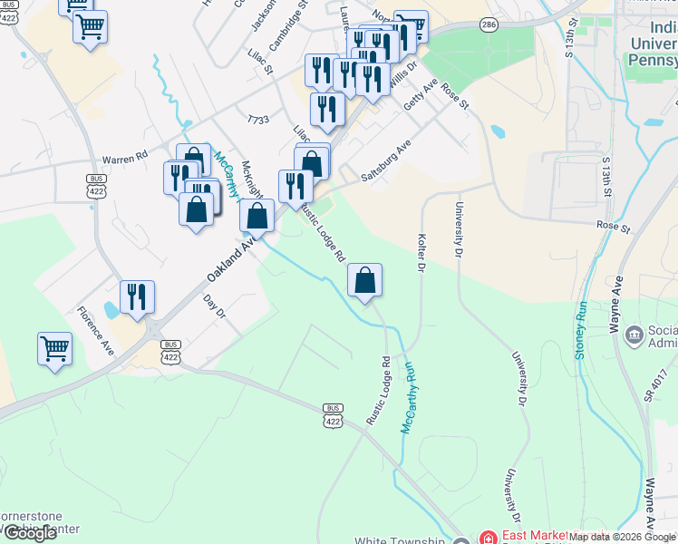 map of restaurants, bars, coffee shops, grocery stores, and more near 2025R Route 286 Highway East in Indiana